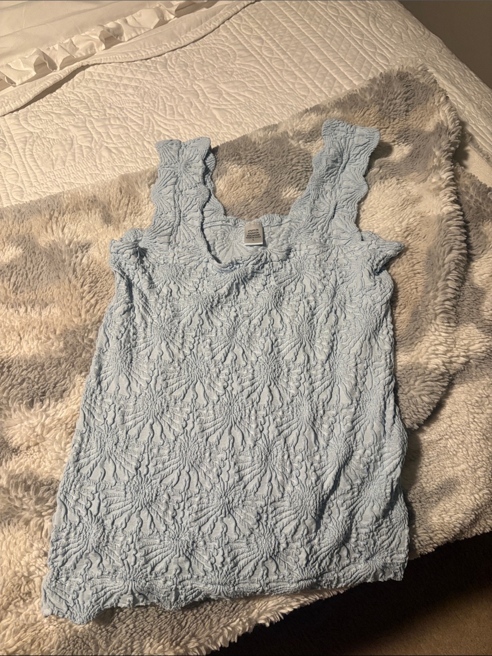 Textured Light Blue Ruffle Strap Tank Top
